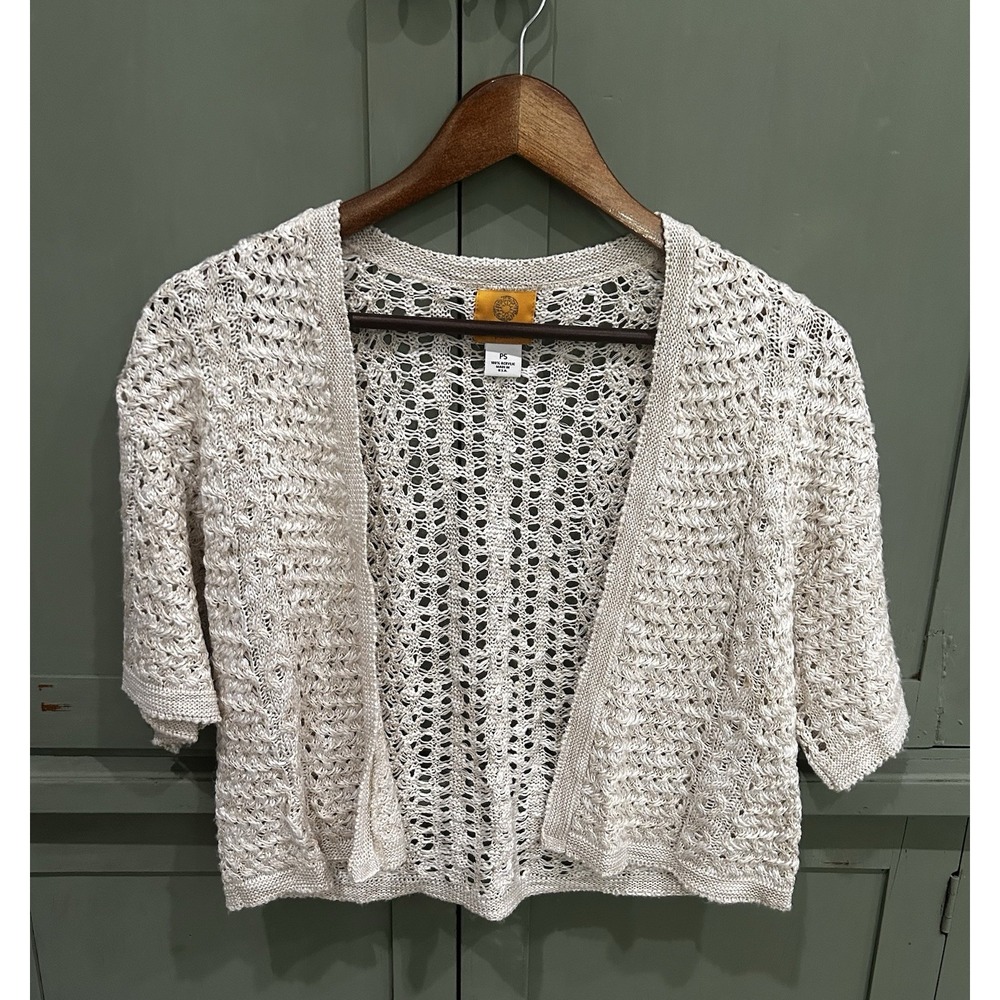 Y2K Beige Crochet Open Knit Bolero Crop Shrug Cardigan Boho Cottagecore Size PS